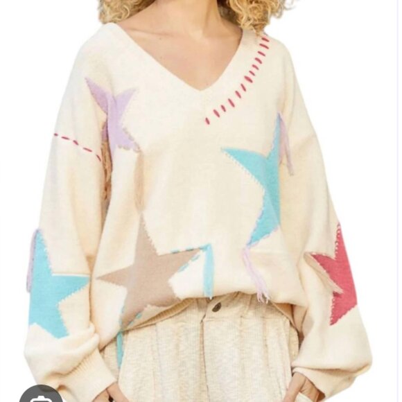 POL Patchwork Star Sweater - Beige V Neck Thick Knit Size Medium - Picture 12 of 12